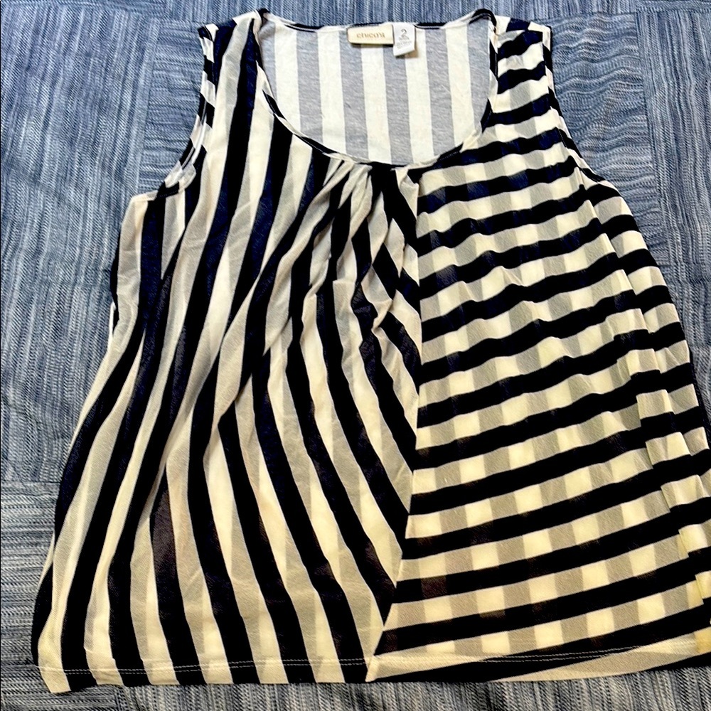 Chico's Navy and White Asymmetrical Sleeveless Tank Top